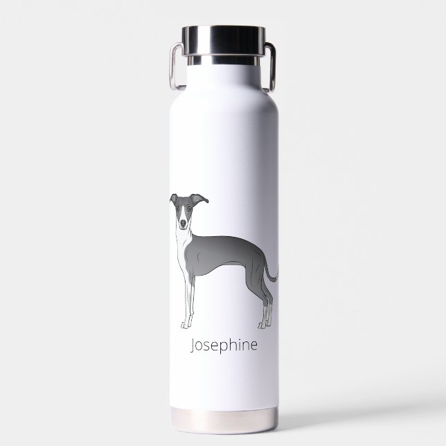 Blue And White Italian Greyhound With Custom Name Water Bottle (Front)