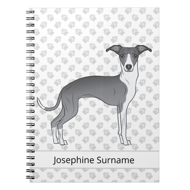 Blue And White Italian Greyhound With Custom Text Notebook (Front)