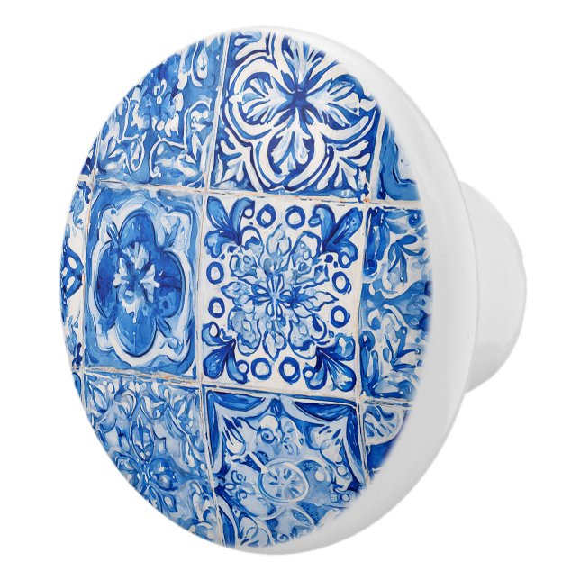 Blue and White Italian Tile Ceramic Knob (Right)