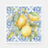 Blue and white Italian watercolor tile and lemons