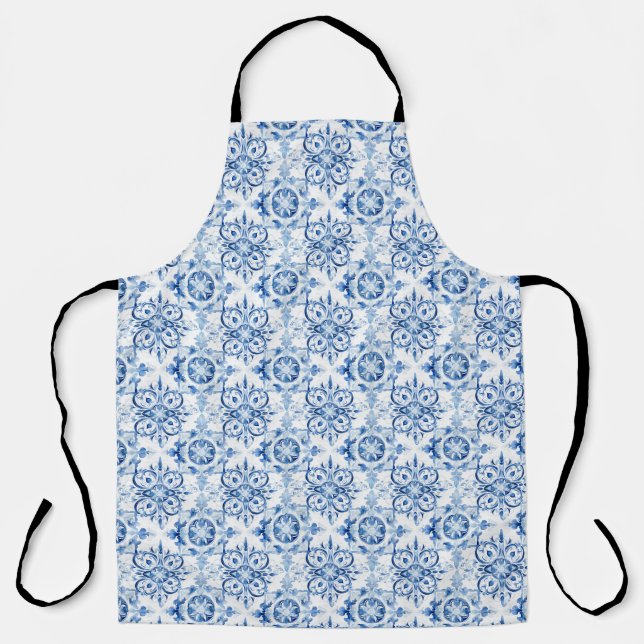 Blue and white Italian watercolor tile pattern Apron (Front)