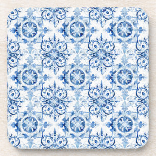 Blue and white Italian watercolor tile pattern Coaster