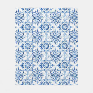 Blue and white Italian watercolor tile pattern Fleece Blanket