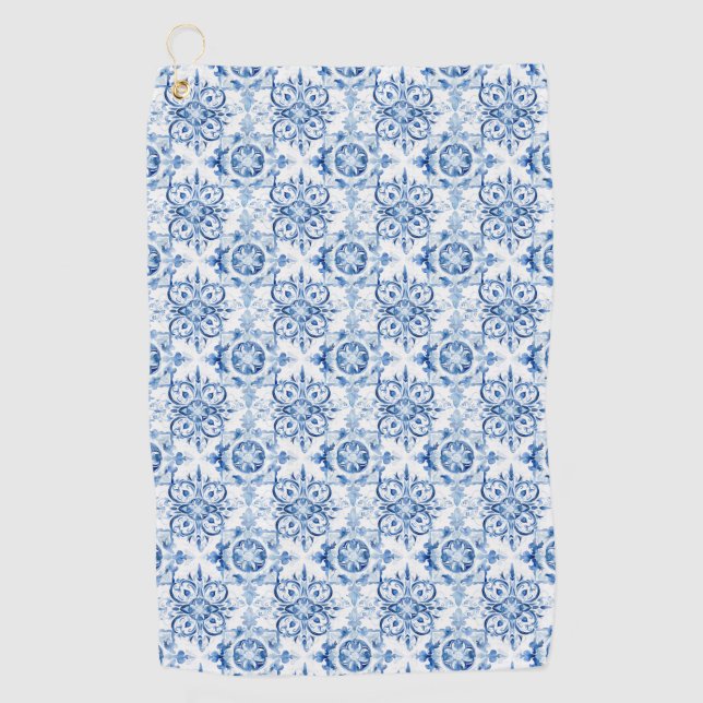 Blue and white Italian watercolor tile pattern Golf Towel (Front)