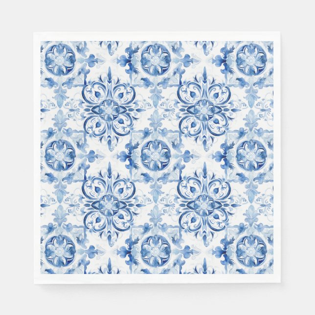 Blue and white Italian watercolor tile pattern Napkin (Front)