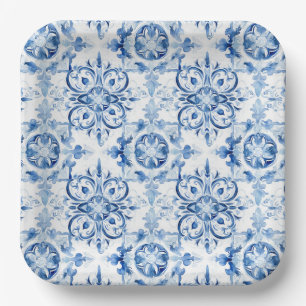 Blue and white Italian watercolor tile pattern Paper Plate