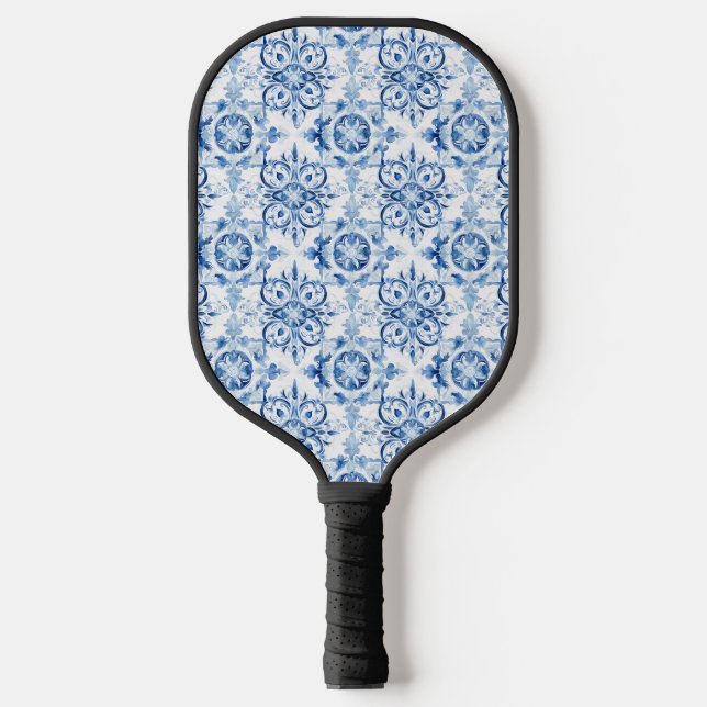 Blue and white Italian watercolor tile pattern Pickleball Paddle (Front)