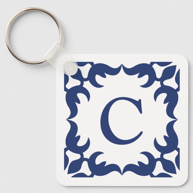 Blue and White Jade Scroll Frame Monogram Keychain (Front)