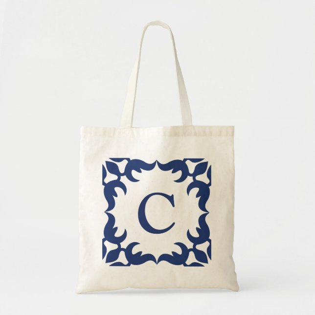 Blue and White Jade Scroll Frame Monogram Tote Bag (Front)