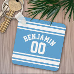 Blue and White Jersey Stripes Custom Name Number Keychain<br><div class="desc">If you are a Fantasy Football team owner,  make your own products and show off to your friends! Or - Do you play High School Football and want a memento? This sports design is perfect for any athlete playing soccer or baseball.</div>