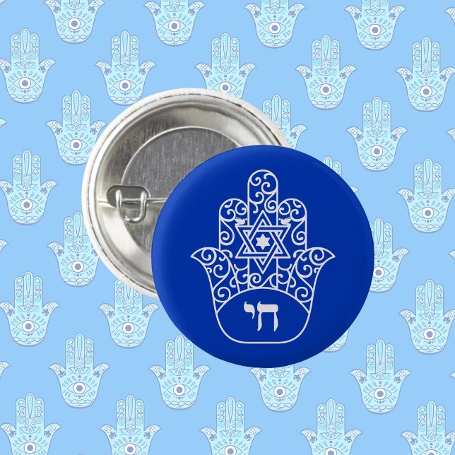 Blue and White Jewish Chai Hamsa Star of David  1 Inch Round Button (Creator Uploaded)