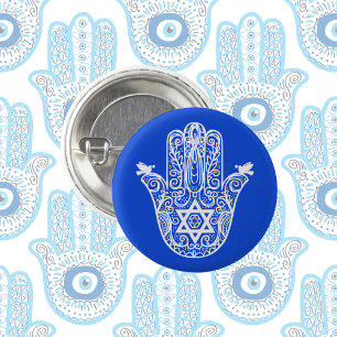 Blue and White Jewish The Hand of Miriam Hamsa 1 Inch Round Button