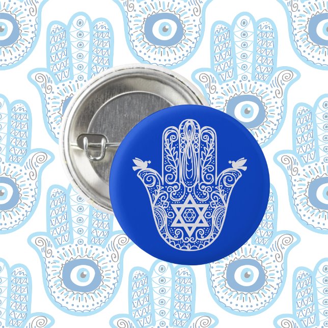Blue and White Jewish The Hand of Miriam Hamsa  1 Inch Round Button (Creator Uploaded)