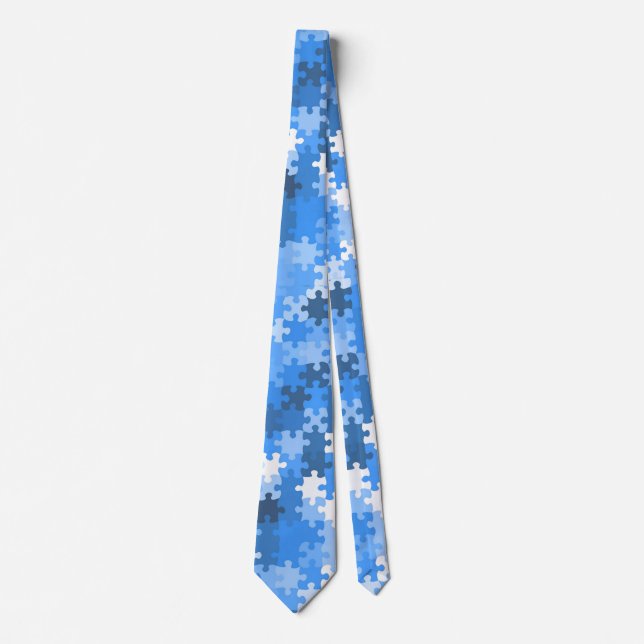 Blue and White Jigsaw Puzzle Pieces Tie (Front)