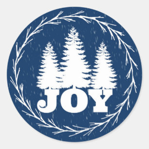Blue and White Joy Christmas Trees Holiday Classic Round Sticker