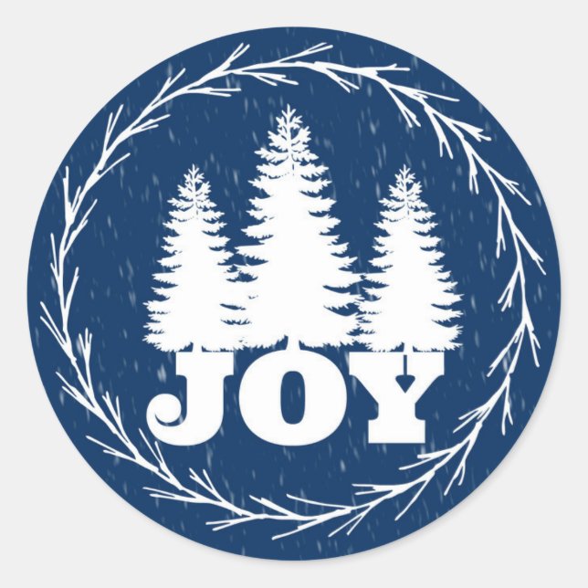 Blue and White Joy Christmas Trees Holiday Classic Round Sticker (Front)