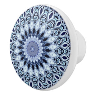 Blue and White Kaleidoscope Mandala Pattern Ceramic Knob