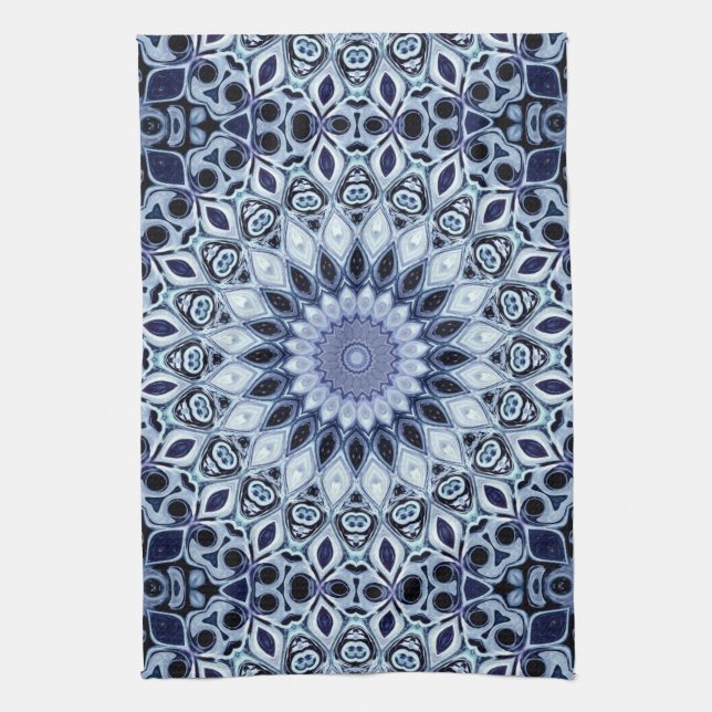 Blue and White Kaleidoscope Mandala Pattern Kitchen Towel (Vertical)
