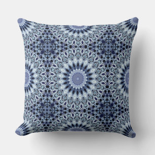 Blue and White Kaleidoscope Mandala Pattern Throw Pillow
