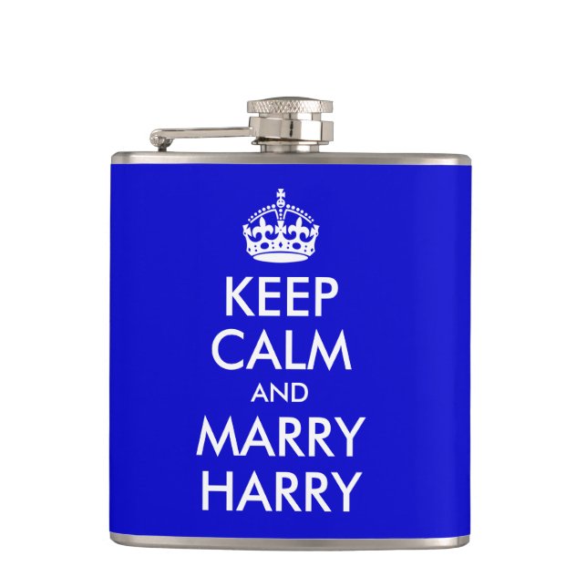 Blue and White Keep Calm and Marry Harry Hip Flask (Front)