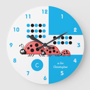 Blue and white kids ladybirds with name large clock