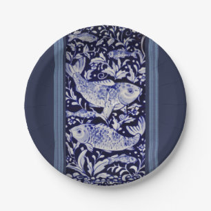 Blue and White Koi Fish Elegant Dining Paper Plate