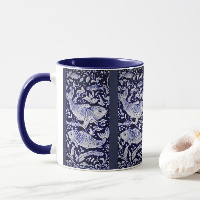 Blue and White Koi Fish Indigo Intricate Tile Mug (With Donut)