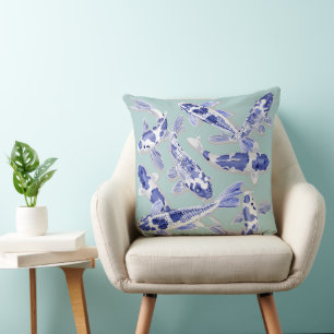 Blue and white Koi Throw Pillow