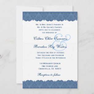Blue and White Lace Elegant Monogram Wedding R438 Invitation