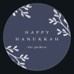 Blue and White Leaves | Happy Hanukkah Classic Round Sticker<br><div class="desc">These modern and stylish Hanukkah stickers have a leafy white design on a midnight blue background. You can use the template to change the phrasing to anything you wish. See the complete matching holiday collection.</div>