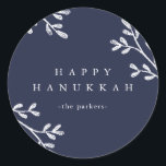 Blue and White Leaves | Happy Hanukkah Classic Round Sticker<br><div class="desc">These modern and stylish Hanukkah stickers have a leafy white design on a midnight blue background. You can use the template to change the phrasing to anything you wish. See the complete matching holiday collection.</div>