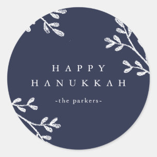 Blue and White Leaves   Happy Hanukkah Classic Round Sticker