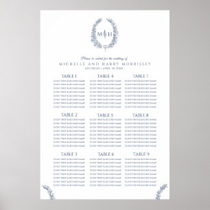 Blue and white leaves wreath wedding seating chart