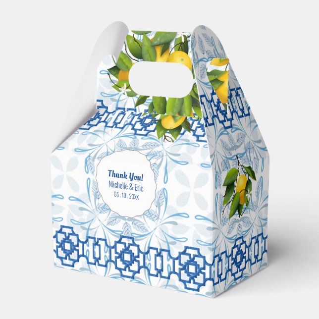 Blue and White Lemon Mediterranean Wedding Favor Box (Front Side)