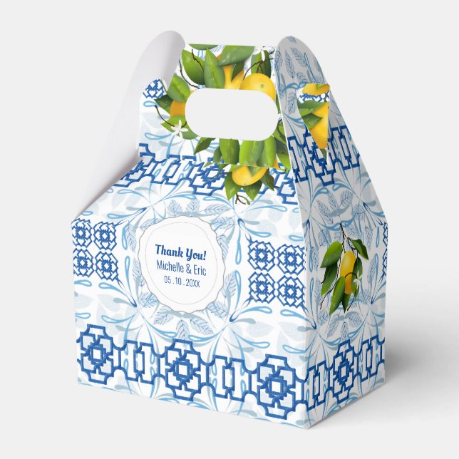 Blue and White Lemon Mediterranean Wedding Favor Box (Front Side)