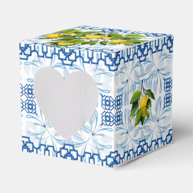 Blue and White Lemon Mediterranean Wedding Favor Box (Front Side)