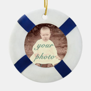 Blue and White Life Preserver Photo Frame Ceramic Ornament