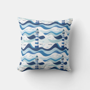 Blue and White Lighthouse Nautical  Throw Pillow