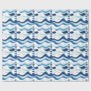Blue and White Lighthouse Nautical  Wrapping Paper