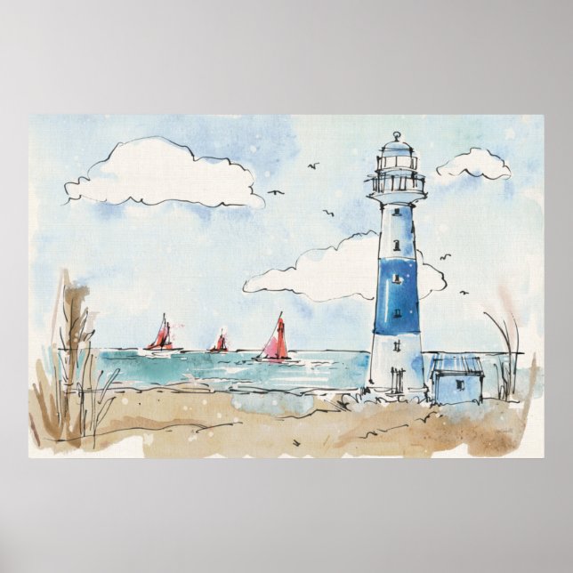 Blue and White Lighthouse Poster (Front)