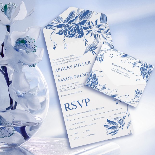 Blue and white line art flowers wedding  all in one invitation (Creator Uploaded)