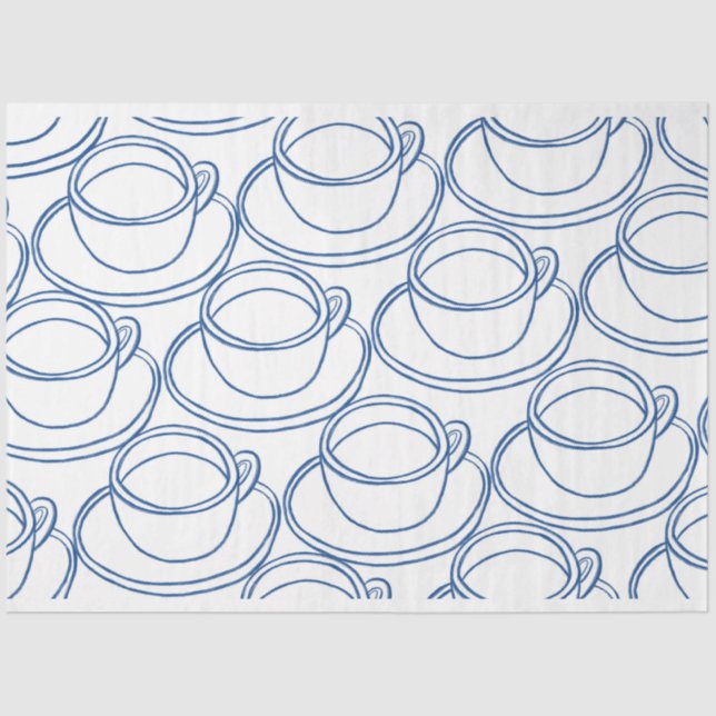 Blue and white line art tea-cups tissue paper (Front)
