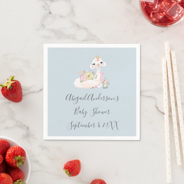 Blue and White Llama Baby Boy baby shower   Napkin (Insitu)