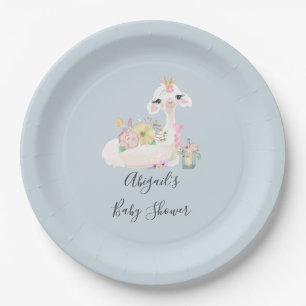 Blue and White Llama Baby Boy baby shower Paper Plate