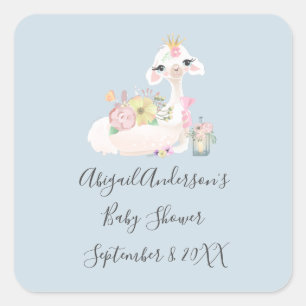 Blue and White Llama Baby Boy baby shower  Square Sticker