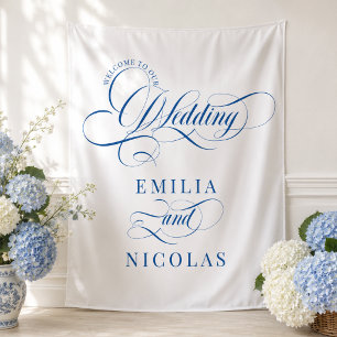 Blue and White Luxury Wedding Welcome Sign Tapestry