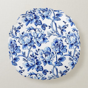 Blue and White Magnolia Toile de Jouy Round Pillow