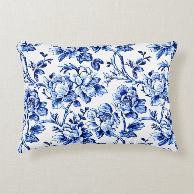 Blue and White Magnolias Toile de Jouy Accent Pillow (Front)