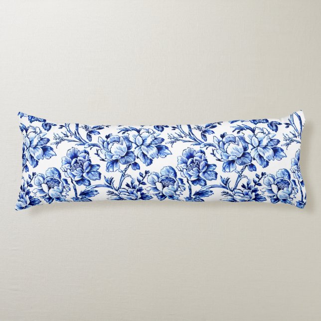 Blue and White Magnolias Toile de Jouy Body Pillow (Front)