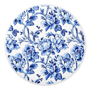 Blue and White Magnolias Toile de Jouy Ceramic Knob